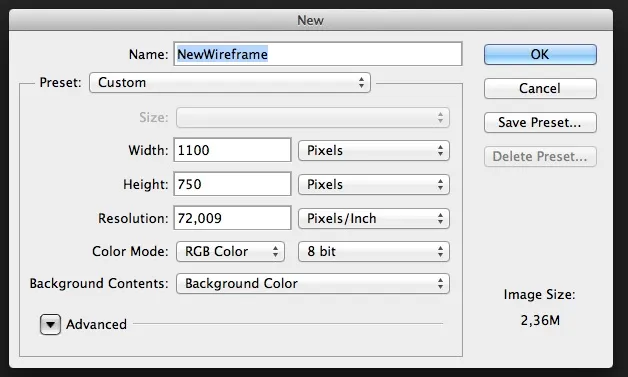 Creazione nuovo wireframe
